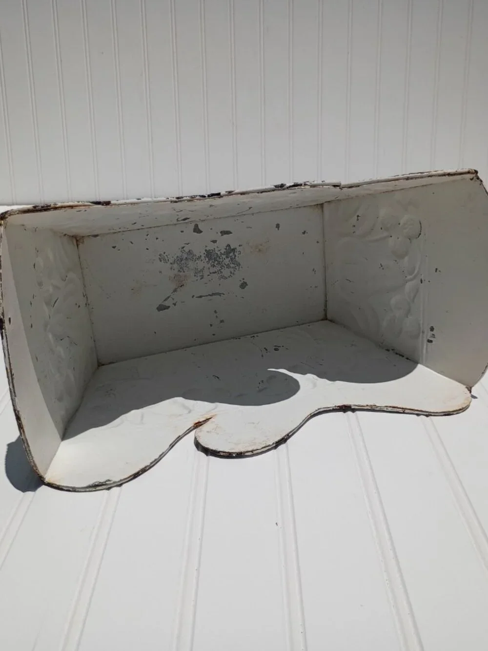 Vintage Metal Planter White Distressed Farmhouse Fruit Embossed Footed Cottage